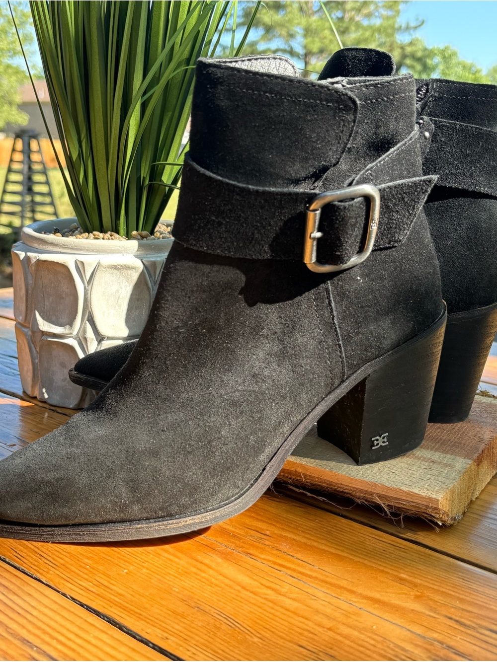 Sam Edelman Black Suede Buckle Block Heel Ankle Boots